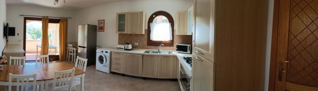 Панорама кухни-гостиной Family с кухней, столом и выходом наружу